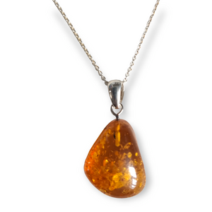 925 Sterling Silver Tumbled Medium Amber Pebble Pendant on 18" Sterling Silver Cable Chain