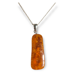 925 Sterling Silver Tumbled Long Amber Pendant on 18" Sterling Silver Cable Chain