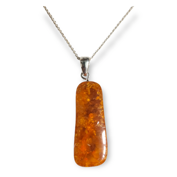925 Sterling Silver Tumbled Long Amber Pendant on 18