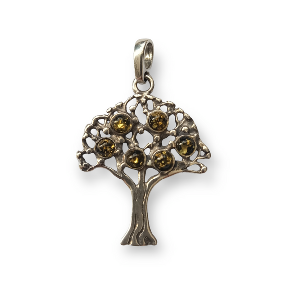 925 Sterling Silver Tree Pendant with Green Amber Cabochons