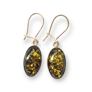 925 Sterling Silver Large Oval Green Amber Hook Earrings