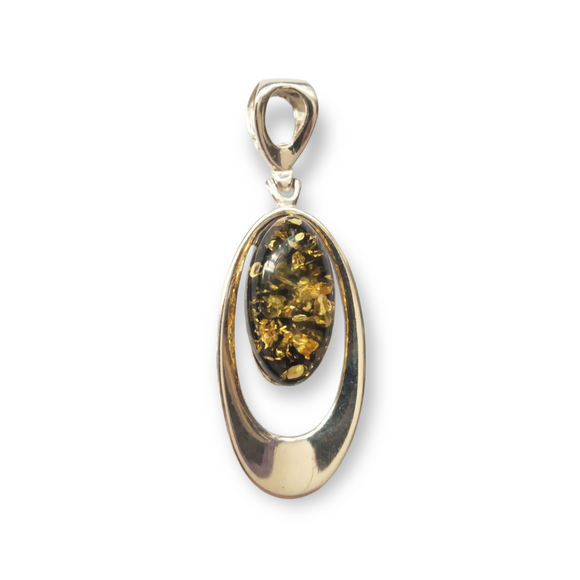 925 Sterling Silver X-Large Crescent Oval Green Amber Pendant