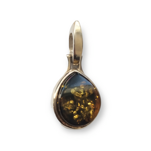 Heavy 925 Sterling Silver Round/Teardrop Green Amber Pendant