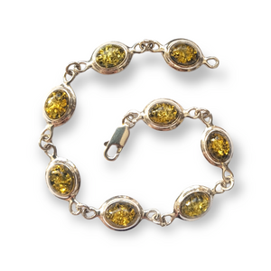 925 Sterling Silver Medium Oval Green Amber Cabochon Bracelet