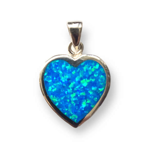 925 Sterling Silver Blue Opal Large Heart Pendant