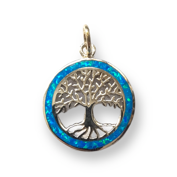 Pendentif arbre de vie rond moyen en argent sterling 925 avec opale bleue