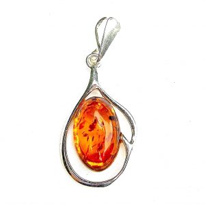 925 Sterling Silver Abstract Wire Set Amber Oval Cabochon Pendant