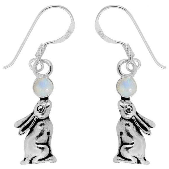 925 Sterling Silver Hare & Rainbow Moonstone Earrings