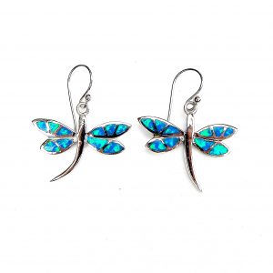 925 Sterling Silver Blue Opal Large Dragonfly Earrings