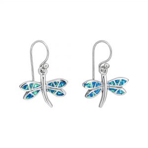 925 Sterling Silver Blue Opal Medium Dragonfly Earrings