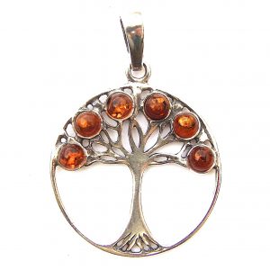 925 Sterling Silver X-Large Round Tree of Life Amber Pendant