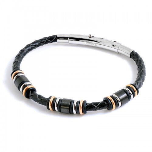 Black leather triple size adjustable bracelet with carbon-fibre, gold plated, rubber and stainless steel beads