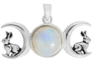 925 Sterling Silver Double Moon and Hare Rainbow Moonstone Pendant