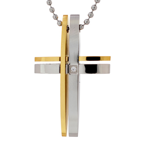 316L Stainless Steel & Gold Plated Cross with Diamanté Pendant on Slim Ball Chain