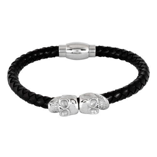Black leather & 316L stainless steel skulls bracelet